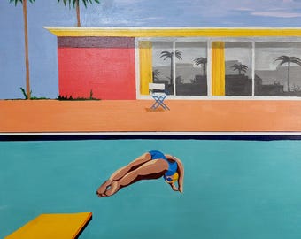David Hockney Style California Dive — Retro California Coastal Giclee Print, Texture Gel, Framed Wall Art