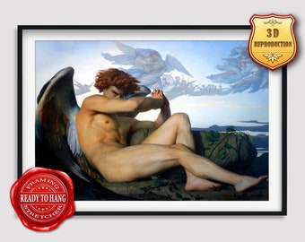 May include: A painting of a nude male angel with wings, lying on a rock with a cloudy sky in the background. The angel is looking down and appears to be in pain. The painting is in a black frame.