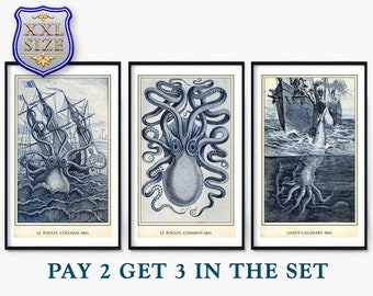 Set of 3 Sea Monsters Giant Squid Octopus Kraken Giclee Print Reproduction Painting Large Canvas Paper Wall Art Poster Ready to Hang Frame