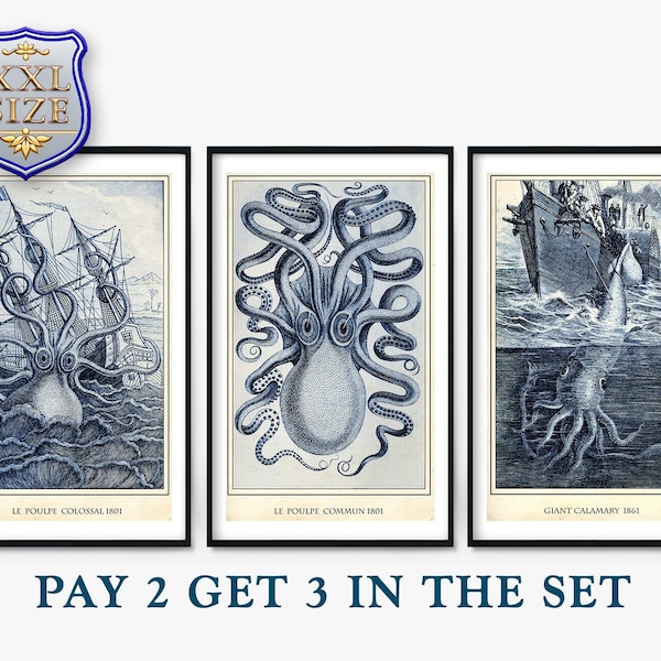 Set of 3 Sea Monsters Giant Squid Octopus Kraken Giclee Print Reproduction Painting Large Canvas Paper Wall Art Poster Ready to Hang Frame