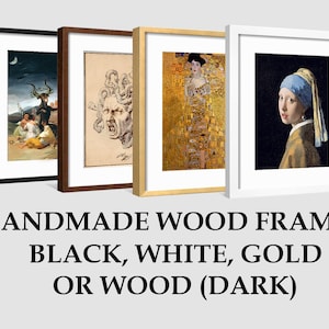 May include: Four handmade wood picture frames in black, white, gold, and dark wood. Each frame is showcasing a different artwork.