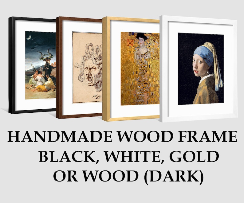 May include: Four handmade wood picture frames in black, white, gold, and dark wood. Each frame is showcasing a different artwork.