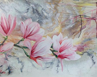 Magnolia Painting Made to Order, Hand Painted Pink Floral Art, Large Abstract Flower Painting, Custom Size Wall Art