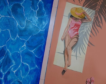 California Siesta — Hand Painted Poolside Art, Retro California Painting, Summer Wall Art