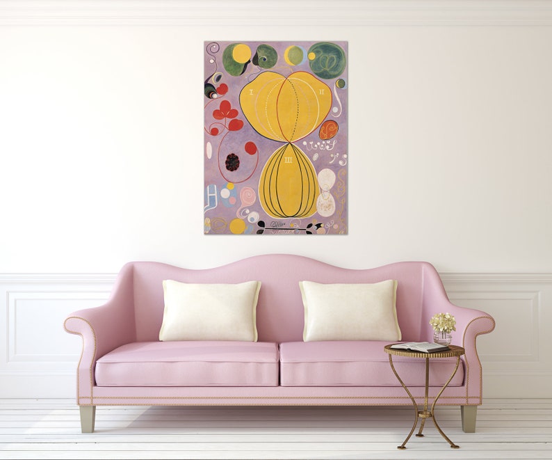 Puede incluir: Pintura abstracta con una forma org&aacute;nica amarilla en el centro, rodeada de c&iacute;rculos, l&iacute;neas y puntos de varios colores sobre un fondo morado.