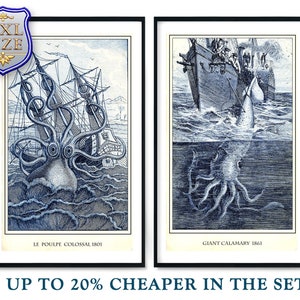 Set of 2 Sea Monsters Giant Octopus Kraken Squid Giclee Print Reproduction Painting Large Canvas Paper Wall Art Poster Ready to Hang Frame