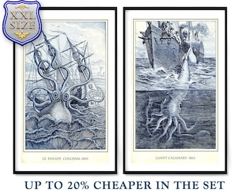 Set of 2 Sea Monsters Giant Octopus Kraken Squid Giclee Print Reproduction Painting Large Canvas Paper Wall Art Poster Ready to Hang Frame