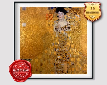 May include: A framed reproduction of a famous painting depicting a woman in a gold dress with a geometric pattern. The background is a gold mosaic with a square pattern.