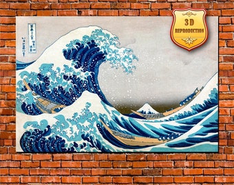現代アートセール⭐︎開運絵画つながりの波動キャンバスF4号ネットと脳 量子力学 葛飾北斎作「神奈川沖浪裏」、ギャラリーラップキャンバスプリント