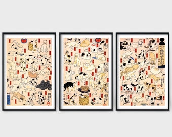 Set of 3 Utagawa Kuniyoshi Cats Fifty Three Stations of Tokaido Giclee Print Reproduction Painting Large Size Canvas Paper Wall Art Poster