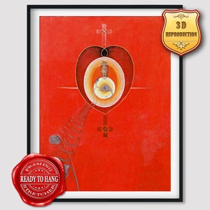 May include: A red abstract painting with a heart shape in the centre. The heart is surrounded by concentric circles and a cross. A spiral shape extends from the bottom left corner of the painting.