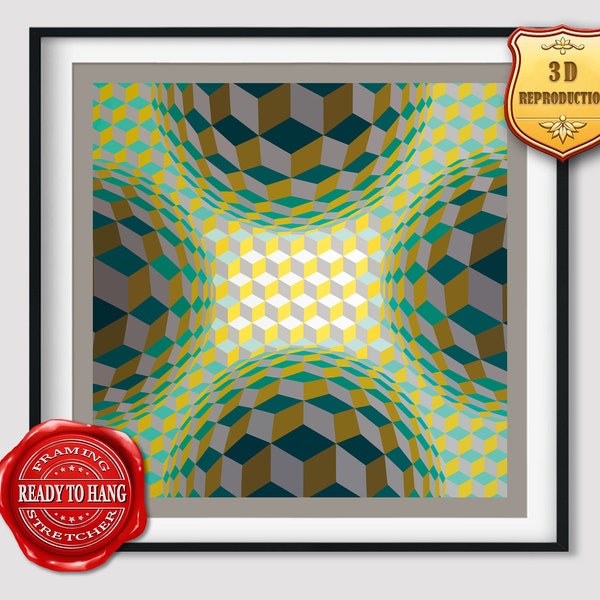Victor Vasarely Biza-Zett Giclee Print Texture Gel Reproduction Painting Large Size Canvas Paper Wall Art Poster Ready to Hang Framed Print