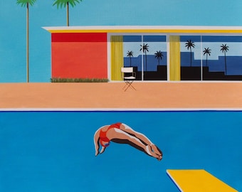David Hockney Style California Pool Giclee Print, Texture Gel, Framed Wall Art