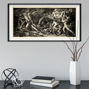 May include: A black and white engraving depicting a group of figures interacting with a large skeletal structure. The figures are nude and appear to be engaged in a dramatic scene.