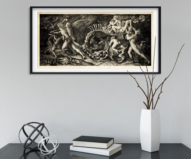 May include: A black and white engraving depicting a group of figures interacting with a large skeletal structure. The figures are nude and appear to be engaged in a dramatic scene.