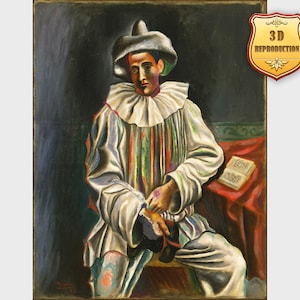 May include: A painting of a seated harlequin figure, wearing a white ruffled collar, striped tunic, and a hat. The artwork features a dark background and a red table with a book. The image includes a "3D Reproduction" label.
