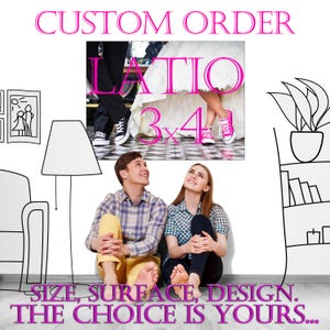 May include: A custom canvas print with the text "CUSTOM ORDER" and "RATIO 3x4". The image shows a couple in wedding attire and a couple looking up. The text "SIZE, SURFACE, DESIGN. THE CHOICE IS YOURS..." is also present.