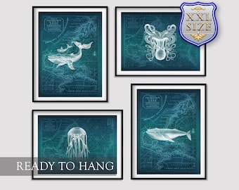 Set of 4 Blue Whale Pair Octopus Jellyfish Giclee Print Reproduction Painting Large Size Canvas Paper Wall Art Poster Ready to Hang