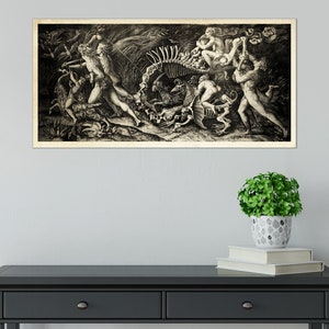 May include: A black and white vintage engraving depicting a group of figures interacting with a skeletal structure. The figures are nude and appear to be in a state of chaos or struggle. The engraving is set against a dark background and features intricate details.