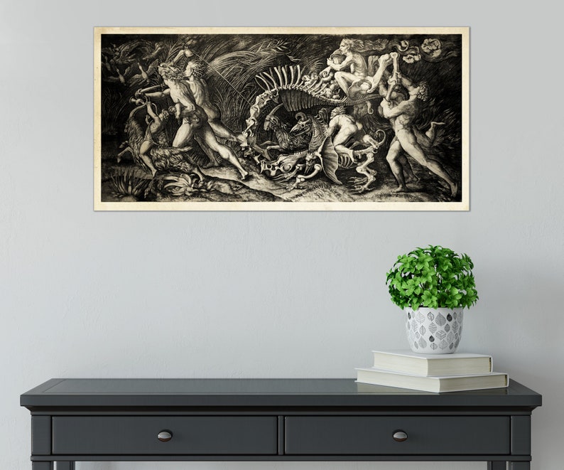 May include: A black and white vintage engraving depicting a group of figures interacting with a skeletal structure. The figures are nude and appear to be in a state of chaos or struggle. The engraving is set against a dark background and features intricate details.
