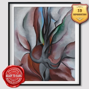 May include: Abstract painting of a tree with gray, brown, and green colors. The tree is stylized with thick, curved branches and leaves. The background is a light gray.