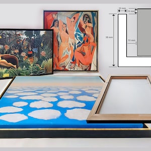 May include: A close-up of a wooden frame with a gold trim. The frame is 35 mm wide and 10 mm thick. The frame is empty and ready to be used for a painting or photograph.