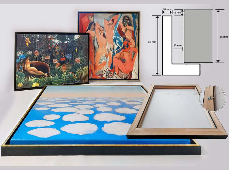 May include: A close-up of a wooden frame with a gold trim. The frame is 35 mm wide and 10 mm thick. The frame is empty and ready to be used for a painting or photograph.