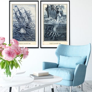 May include: Two vintage illustrations of sea creatures. The left image shows a giant octopus attacking a ship. The right image shows a giant squid attacking a ship. Both images are in black and white and have the text "Pouple Colossal 1801" and "Giant Calamary 1864" respectively.