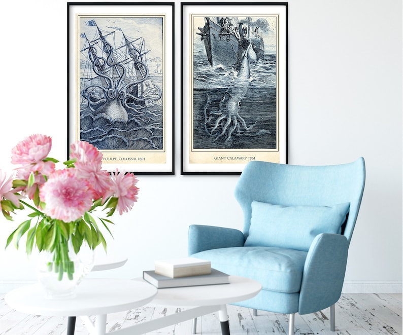 May include: Two vintage illustrations of sea creatures. The left image shows a giant octopus attacking a ship. The right image shows a giant squid attacking a ship. Both images are in black and white and have the text "Pouple Colossal 1801" and "Giant Calamary 1864" respectively.