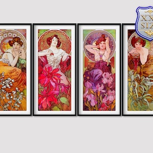 Set of 4 Alphonse Mucha The Precious Stones Giclee Print Reproduction Painting Large Size Canvas Paper Wall Art Framed Poster Ready to Hang