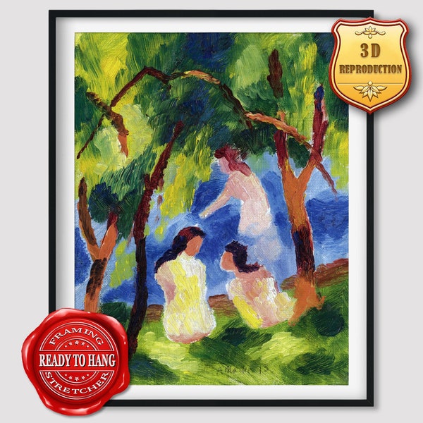 August Macke Girls Bathing Giclee Print Texture Gel Reproduction Painting Large Size Canvas Paper Wall Art Poster Ready to Hang Framed Print