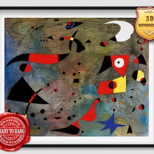 Joan Miró Woman and Birds Giclee Print Texture Gel Reproduction Painting Large Size Canvas Paper Wall Art Poster Ready to Hang Framed Print