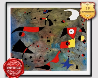Joan Miró Woman and Birds Giclee Print Texture Gel Reproduction Painting Large Size Canvas Paper Wall Art Poster Ready to Hang Framed Print