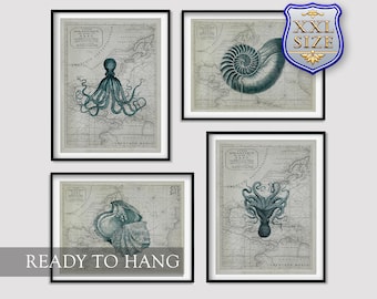 Set of 4 Octopus Seashell Oyster Giclee Print Reproduction Painting Large Size Canvas Paper Wall Art Poster Ready to Hang Framed Print