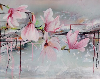 Magnolia Flower Print, Pink Floral Wall Art, Abstract Botanical Giclée Print, Large Magnolia Canvas Art