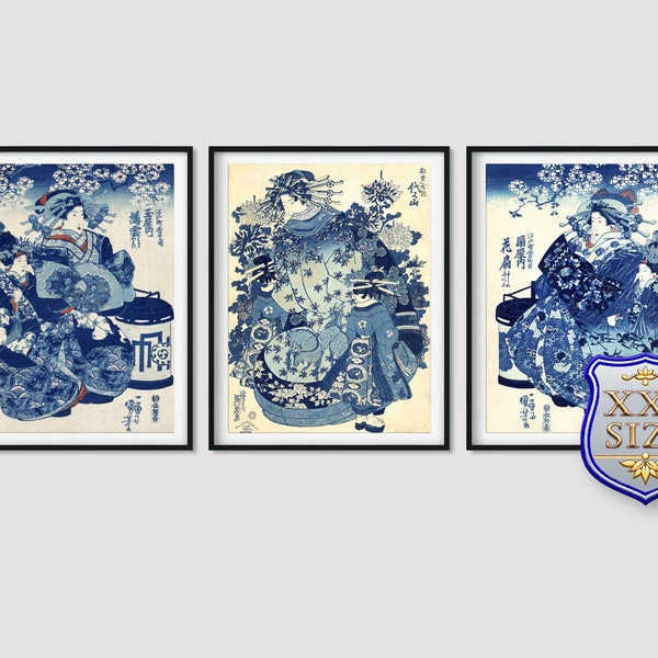 Set of 3 Utagawa Kuniyoshi Keisai Eisen Courtesan Hanao Giclee Print Reproduction Painting Large Size Canvas Paper Wall Art Framed Poster