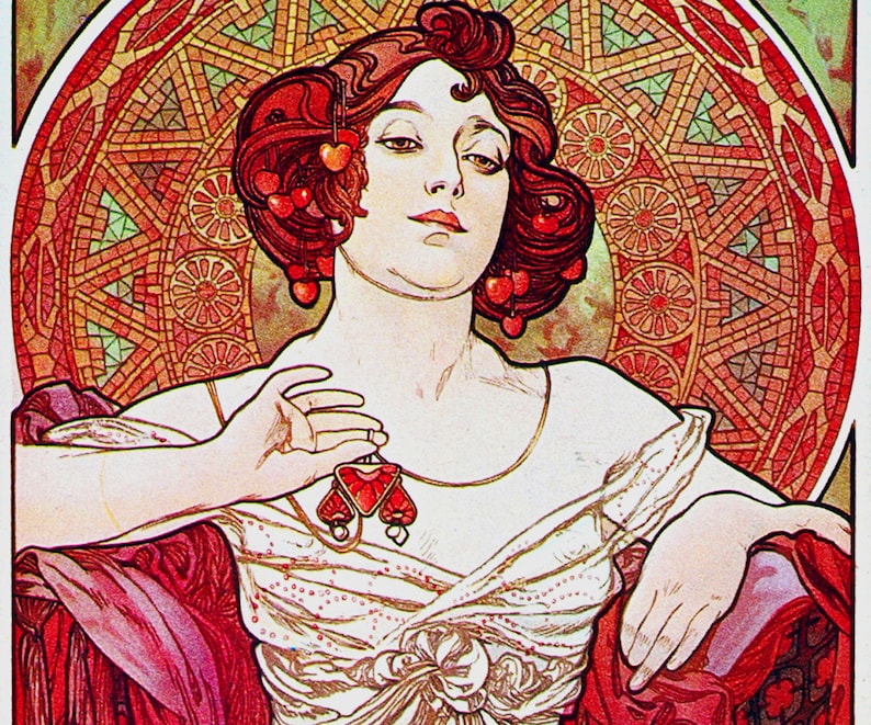 Alphonse Mucha The Precious Stones Ruby Giclee Print Reproduction Painting Large Size Canvas Paper Wall Art Framed Poster Ready to Hang