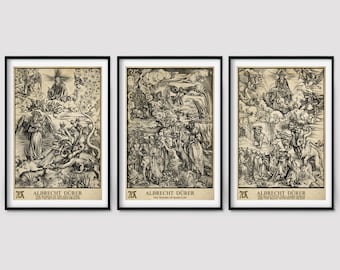 Set of 3 Albrecht Durer Woman of Apocalypse Whore Babylon Beast Giclee Print Reproduction Painting Large Canvas Paper Wall Art Poster Durer