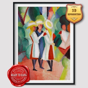August Macke Three Girls in Yellow Straw Hats I Giclee Print Reproduction Painting Large Size Canvas Paper Wall Art Framed Poster Ready Hang