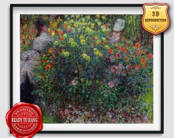 Claude Monet Ladies in Flowers Giclee Print Reproduction Painting Large Size Canvas Paper Wall Art Poster Ready to Hang Framed Print