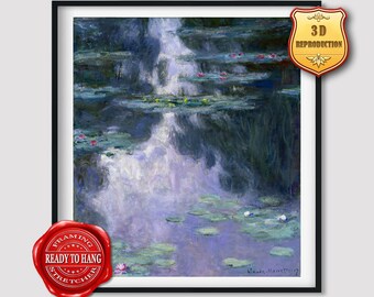 Claude Monet Water Lilies Giclee Print Texture Gel Reproduction Painting Large Size Canvas Paper Wall Art Poster Ready to Hang Framed Print