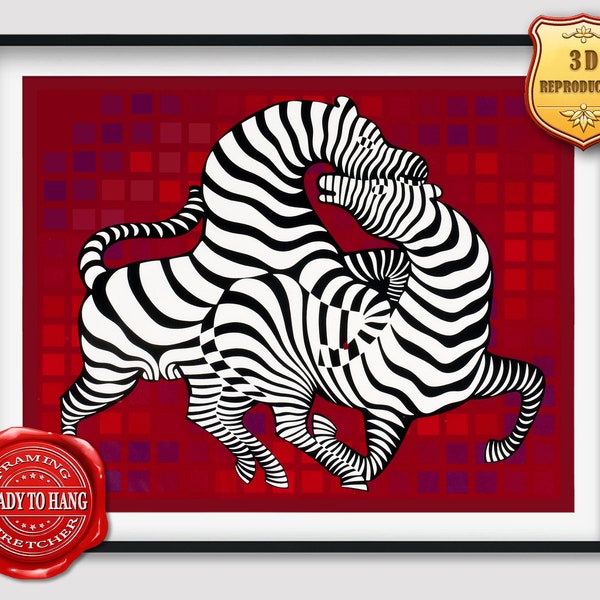 Victor Vasarely Playful Zebras Giclee Print Reproduction Painting Large Size Canvas Paper Wall Art Poster Ready to Hang Framed Print