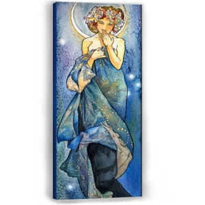 Alphonse Mucha Étude d'étoiles lune et lune prête à accrocher 9 x 23 x 2,5 cm 9 x 3,5 po. Reproduction sur toile impression gel texturé