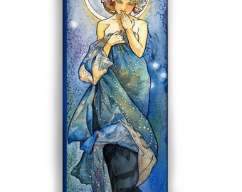 Alphonse Mucha Estudio de la luna y las estrellas para la luna Listo para colgar 9 x 23 x 2,5 cm 9 x 3,5 x 1 pulg. Textura Gel Impresión Reproducción Pintura Lienzo