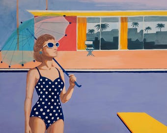 David Hockney Style California Afternoon — Retro California Coastal Giclee Print, Texture Gel, Framed Wall Art