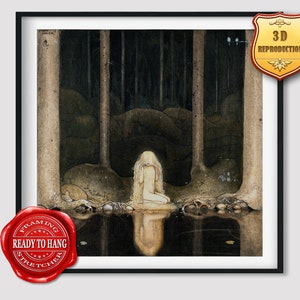 John Bauer Princess Tuvstarr Gazing Down into the Dark Waters Giclee Print Reproduction Painting Large Size Canvas Paper Wall Art Poster