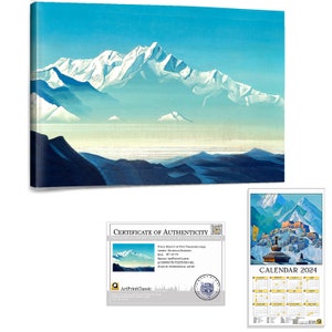 May include: A painting depicting a snow-capped mountain range with a blue sky and white clouds. The mountains are in the distance and the foreground is a dark blue.