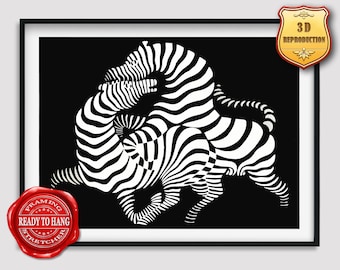 Victor Vasarely Zebra White on Black Giclee Print Reproduction Painting Large Size Canvas Paper Wall Art Poster Ready to Hang Framed Print