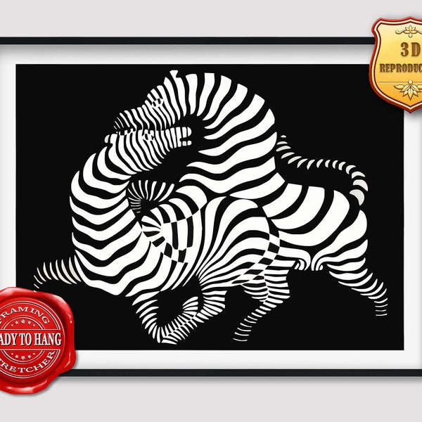 Victor Vasarely Zebra White on Black Giclee Print Reproduction Painting Large Size Canvas Paper Wall Art Poster Ready to Hang Framed Print