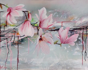 Magnolia Painting Made to Order, Hand Painted Pink Floral Art, Large Abstract Flower Painting, Custom Size Wall Art
